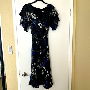 NWT DKNY Black Floral Faux Wrap Belted Dress - Size 12